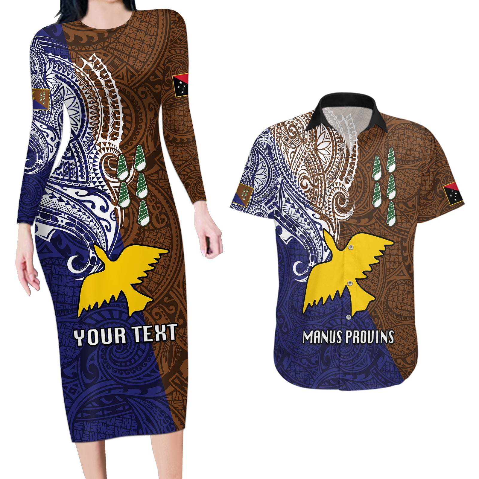 Custom Papua New Guinea Manus Province Couples Matching Long Sleeve Bodycon Dress and Hawaiian Shirt PNG Birds Of Paradise Polynesian Arty Style LT03 Brown - Polynesian Pride