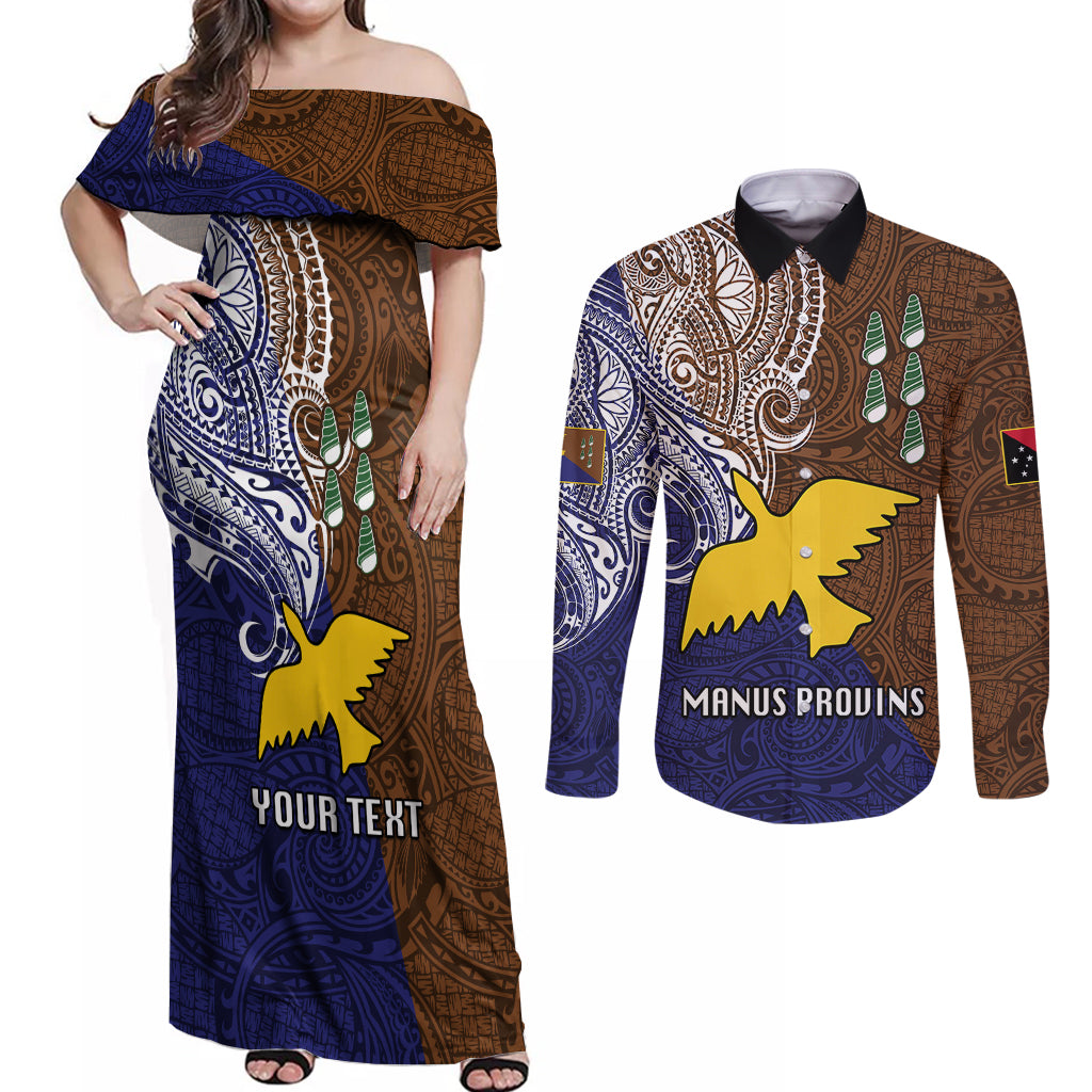 Custom Papua New Guinea Manus Province Couples Matching Off Shoulder Maxi Dress and Long Sleeve Button Shirts PNG Birds Of Paradise Polynesian Arty Style LT03 Brown - Polynesian Pride