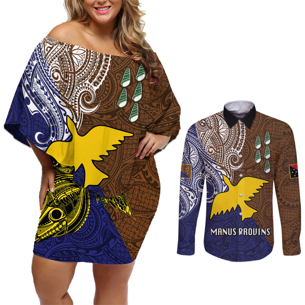 Custom Papua New Guinea Manus Province Couples Matching Off Shoulder Short Dress and Long Sleeve Button Shirts PNG Birds Of Paradise Polynesian Arty Style LT03 Brown - Polynesian Pride