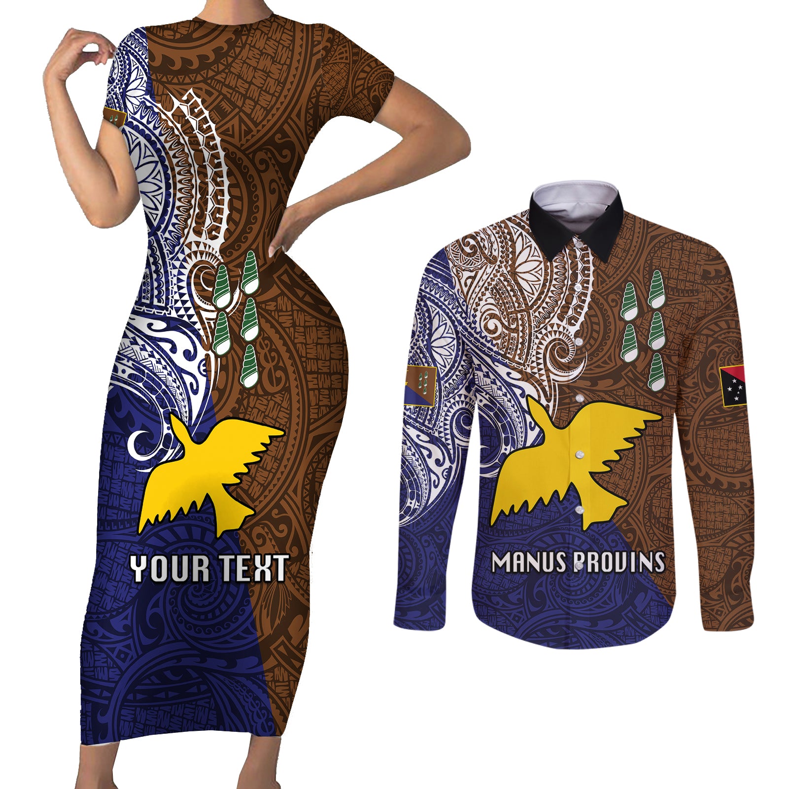 Custom Papua New Guinea Manus Province Couples Matching Short Sleeve Bodycon Dress and Long Sleeve Button Shirts PNG Birds Of Paradise Polynesian Arty Style LT03 Brown - Polynesian Pride