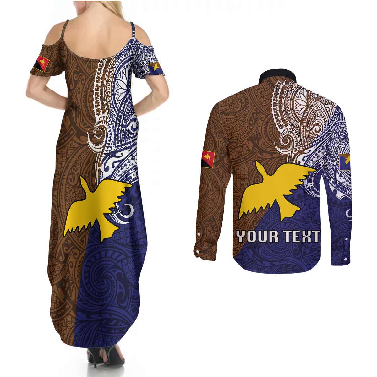Custom Papua New Guinea Manus Province Couples Matching Summer Maxi Dress and Long Sleeve Button Shirts PNG Birds Of Paradise Polynesian Arty Style LT03 - Polynesian Pride