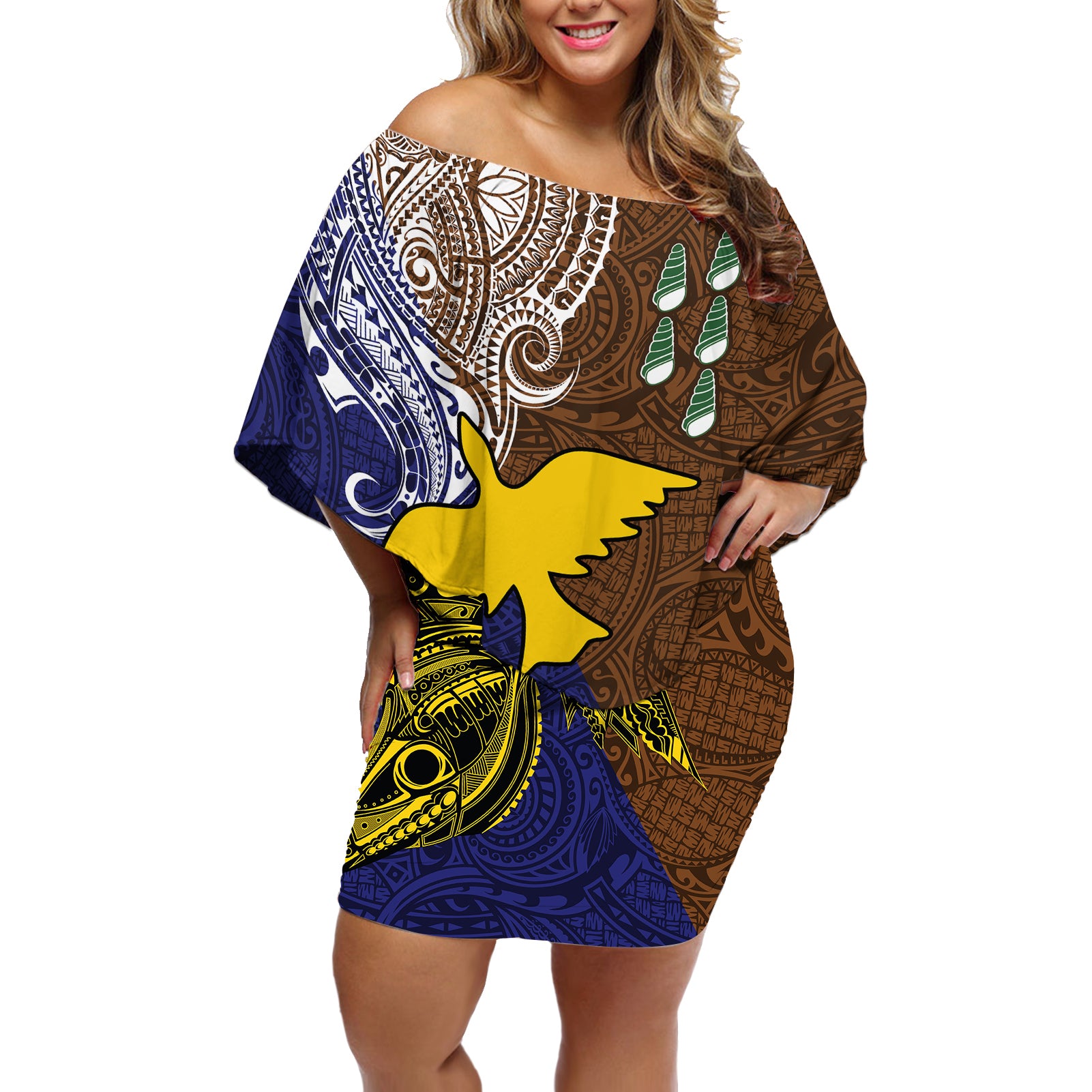 Custom Papua New Guinea Manus Province Off Shoulder Short Dress PNG Birds Of Paradise Polynesian Arty Style LT03 Women Brown - Polynesian Pride