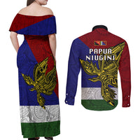 Papua New Guinea Milne Bay Province Couples Matching Off Shoulder Maxi Dress and Long Sleeve Button Shirts PNG Birds Of Paradise Polynesian Arty Style LT03 - Polynesian Pride