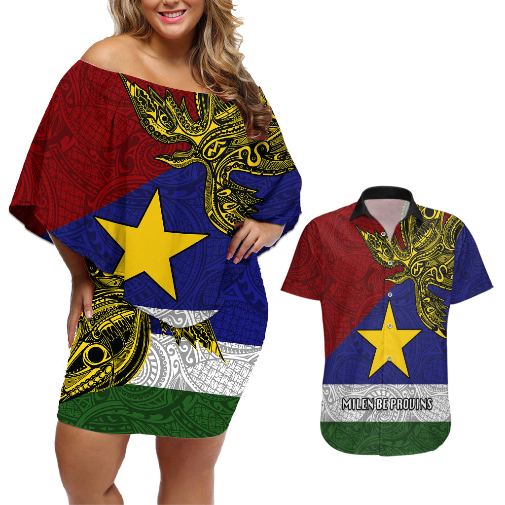 Papua New Guinea Milne Bay Province Couples Matching Off Shoulder Short Dress and Hawaiian Shirt PNG Birds Of Paradise Polynesian Arty Style LT03 Blue - Polynesian Pride