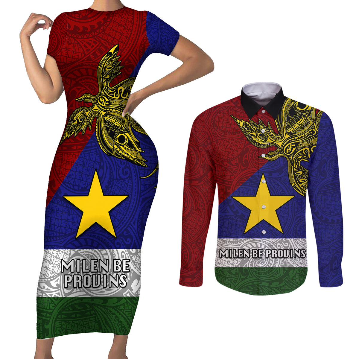 Papua New Guinea Milne Bay Province Couples Matching Short Sleeve Bodycon Dress and Long Sleeve Button Shirts PNG Birds Of Paradise Polynesian Arty Style LT03 Blue - Polynesian Pride