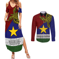Papua New Guinea Milne Bay Province Couples Matching Summer Maxi Dress and Long Sleeve Button Shirts PNG Birds Of Paradise Polynesian Arty Style LT03 Blue - Polynesian Pride