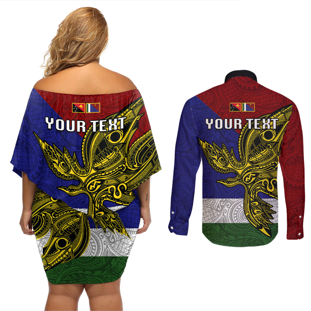 Custom Papua New Guinea Milne Bay Province Couples Matching Off Shoulder Short Dress and Long Sleeve Button Shirts PNG Birds Of Paradise Polynesian Arty Style LT03 - Polynesian Pride