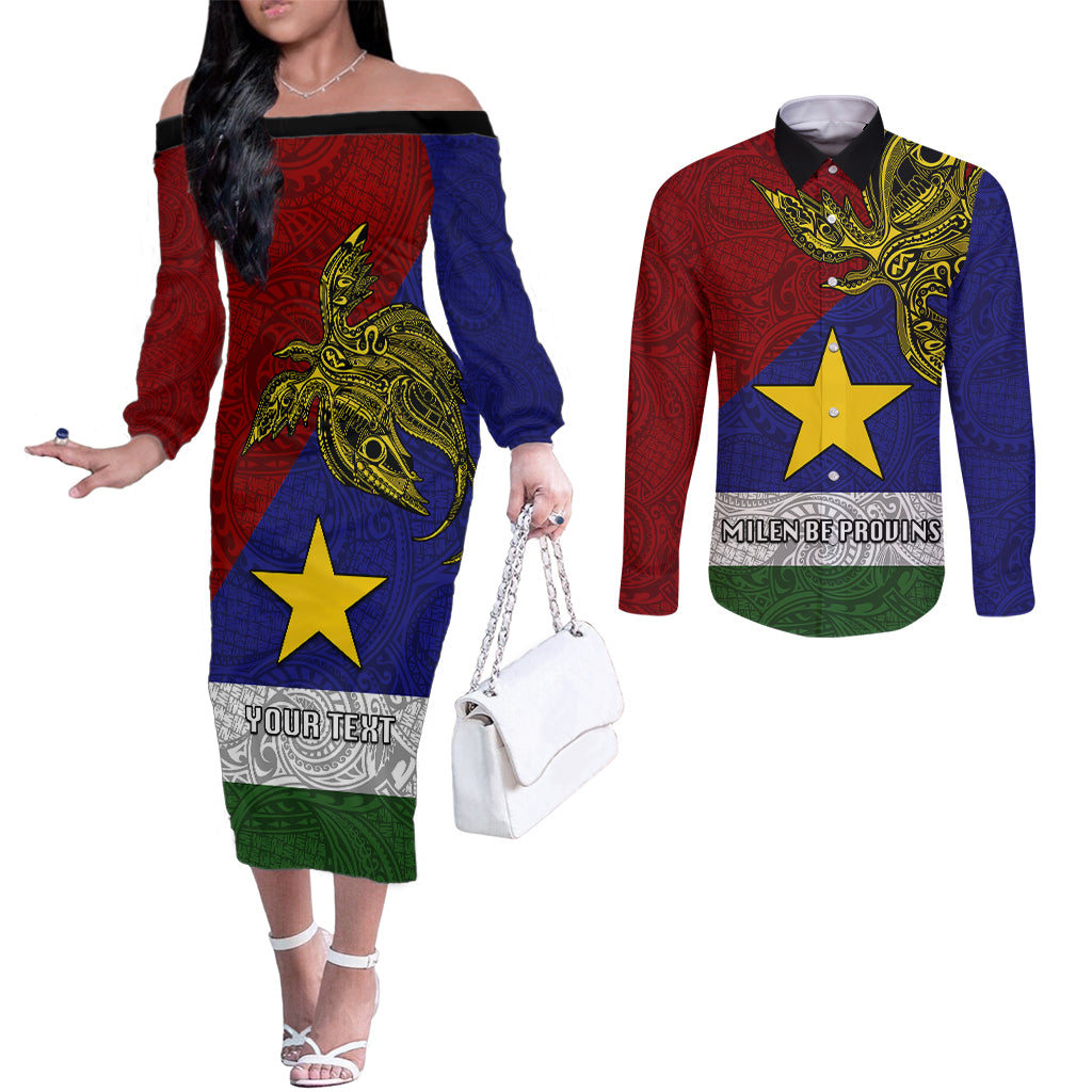Custom Papua New Guinea Milne Bay Province Couples Matching Off The Shoulder Long Sleeve Dress and Long Sleeve Button Shirts PNG Birds Of Paradise Polynesian Arty Style LT03 Blue - Polynesian Pride