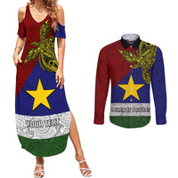 Custom Papua New Guinea Milne Bay Province Couples Matching Summer Maxi Dress and Long Sleeve Button Shirts PNG Birds Of Paradise Polynesian Arty Style LT03 Blue - Polynesian Pride