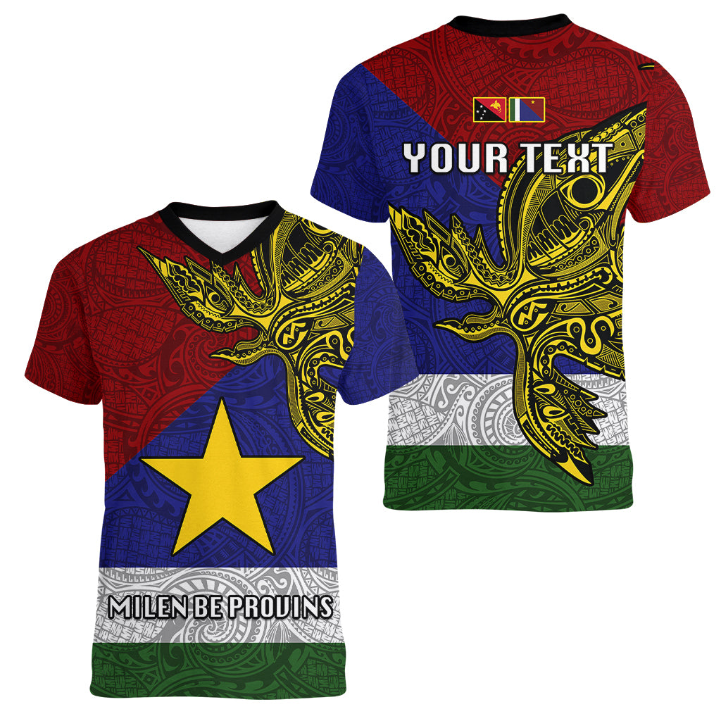Custom Papua New Guinea Milne Bay Province Women V Neck T Shirt PNG Birds Of Paradise Polynesian Arty Style LT03 - Polynesian Pride