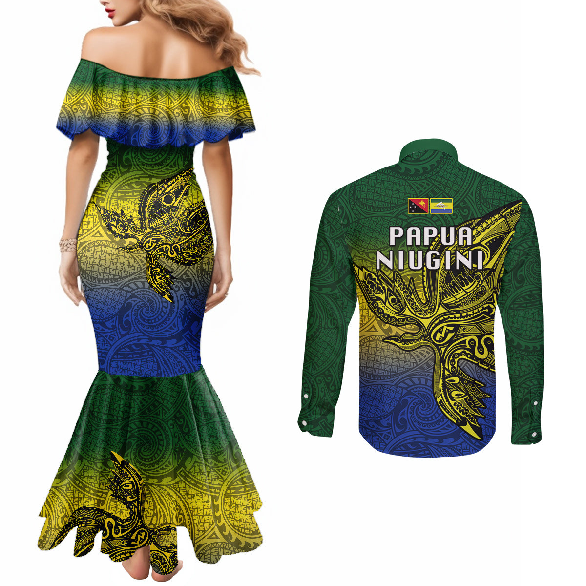 Papua New Guinea Morobe Province Couples Matching Mermaid Dress and Long Sleeve Button Shirts PNG Birds Of Paradise Polynesian Arty Style LT03 - Polynesian Pride