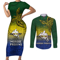 Papua New Guinea Morobe Province Couples Matching Short Sleeve Bodycon Dress and Long Sleeve Button Shirts PNG Birds Of Paradise Polynesian Arty Style LT03 Yellow - Polynesian Pride