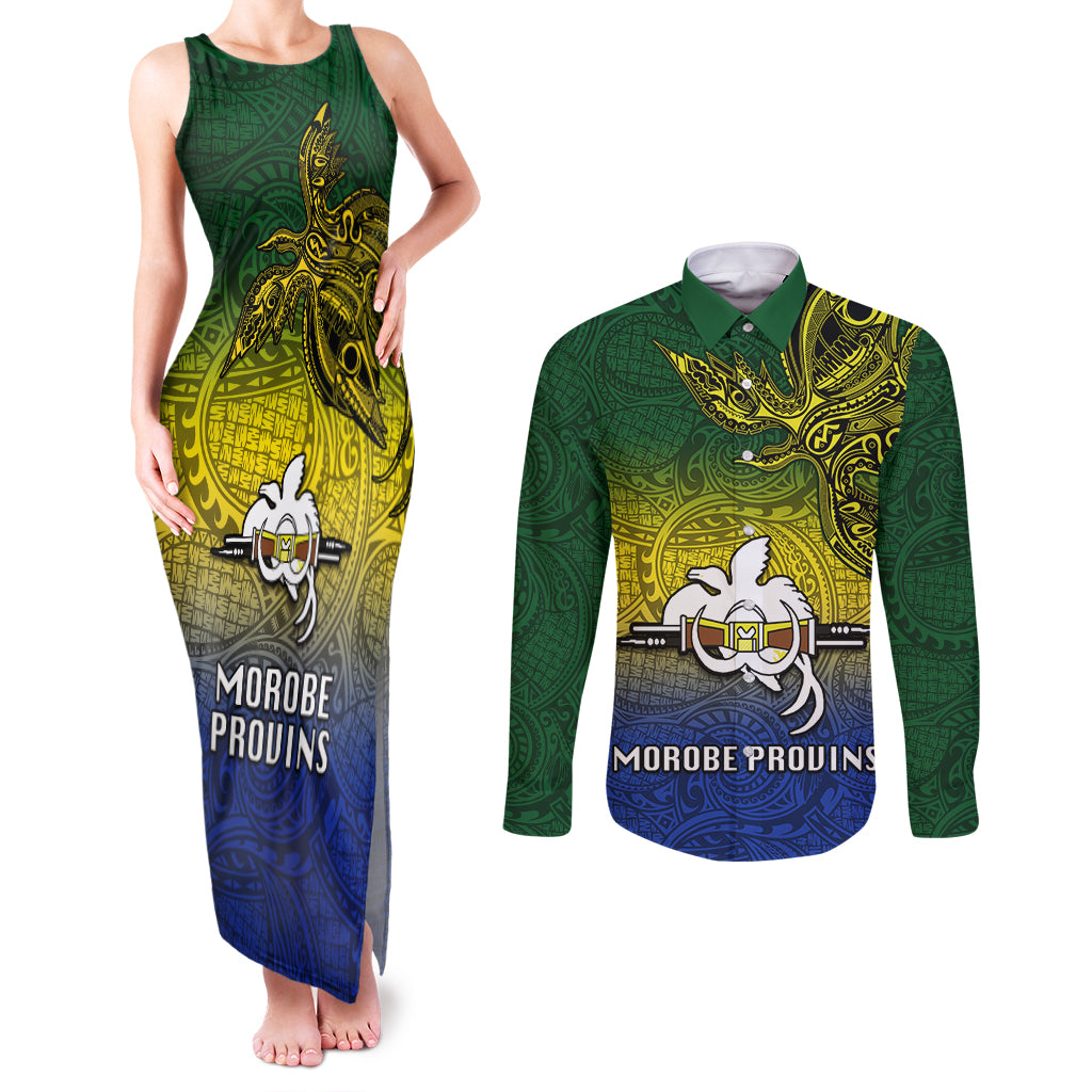 Papua New Guinea Morobe Province Couples Matching Tank Maxi Dress and Long Sleeve Button Shirts PNG Birds Of Paradise Polynesian Arty Style LT03 Yellow - Polynesian Pride