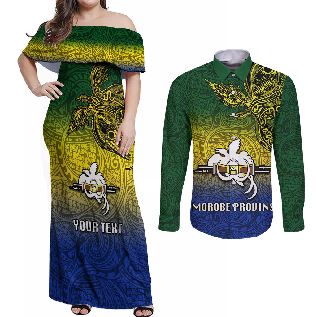 Custom Papua New Guinea Morobe Province Couples Matching Off Shoulder Maxi Dress and Long Sleeve Button Shirts PNG Birds Of Paradise Polynesian Arty Style LT03 Yellow - Polynesian Pride