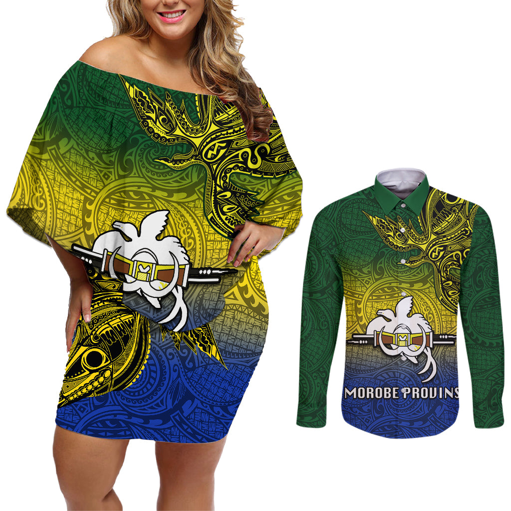 Custom Papua New Guinea Morobe Province Couples Matching Off Shoulder Short Dress and Long Sleeve Button Shirts PNG Birds Of Paradise Polynesian Arty Style LT03 Yellow - Polynesian Pride