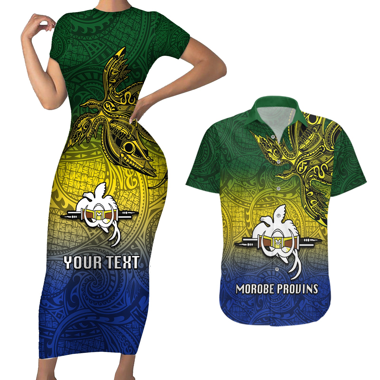 Custom Papua New Guinea Morobe Province Couples Matching Short Sleeve Bodycon Dress and Hawaiian Shirt PNG Birds Of Paradise Polynesian Arty Style LT03 Yellow - Polynesian Pride