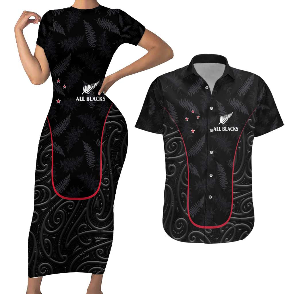 Custom New Zealand Rugby Couples Matching Short Sleeve Bodycon Dress and Hawaiian Shirt Maori All Black Championship 2024 and Silver Fern