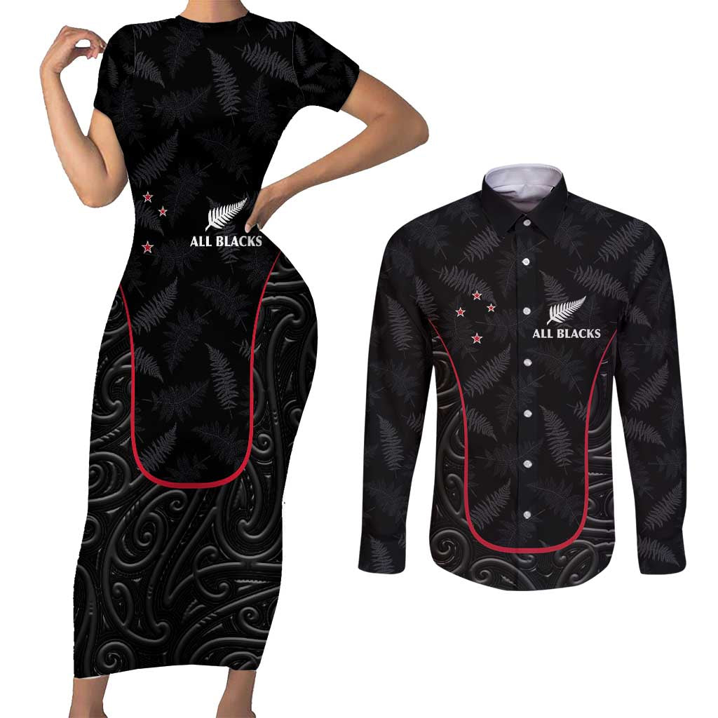 Custom New Zealand Rugby Couples Matching Short Sleeve Bodycon Dress and Long Sleeve Button Shirt Maori All Black Championship 2024 and Silver Fern LT03 Black - Polynesian Pride