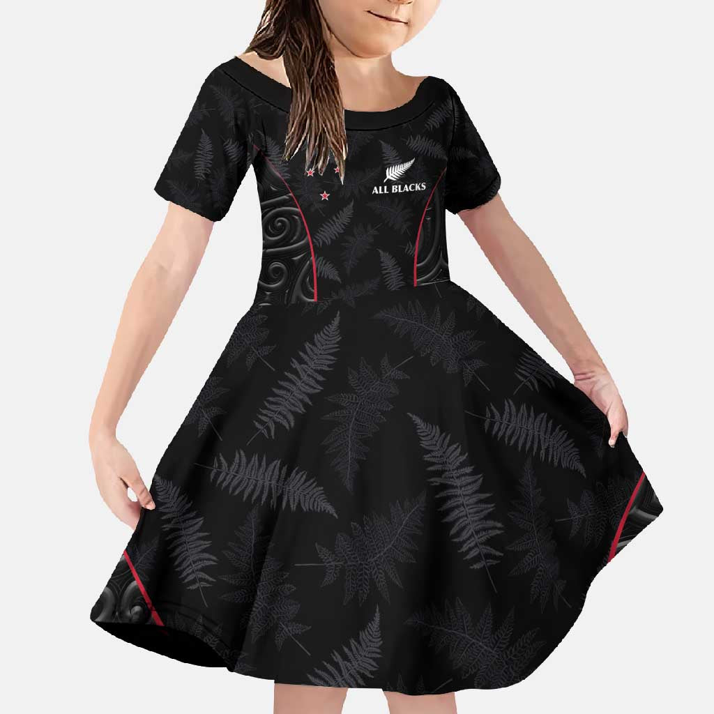 Custom New Zealand Rugby Family Matching Mermaid Dress and Hawaiian Shirt Maori All Black Championship 2024 and Silver Fern LT03 Daughter's Dress Black - Polynesian Pride