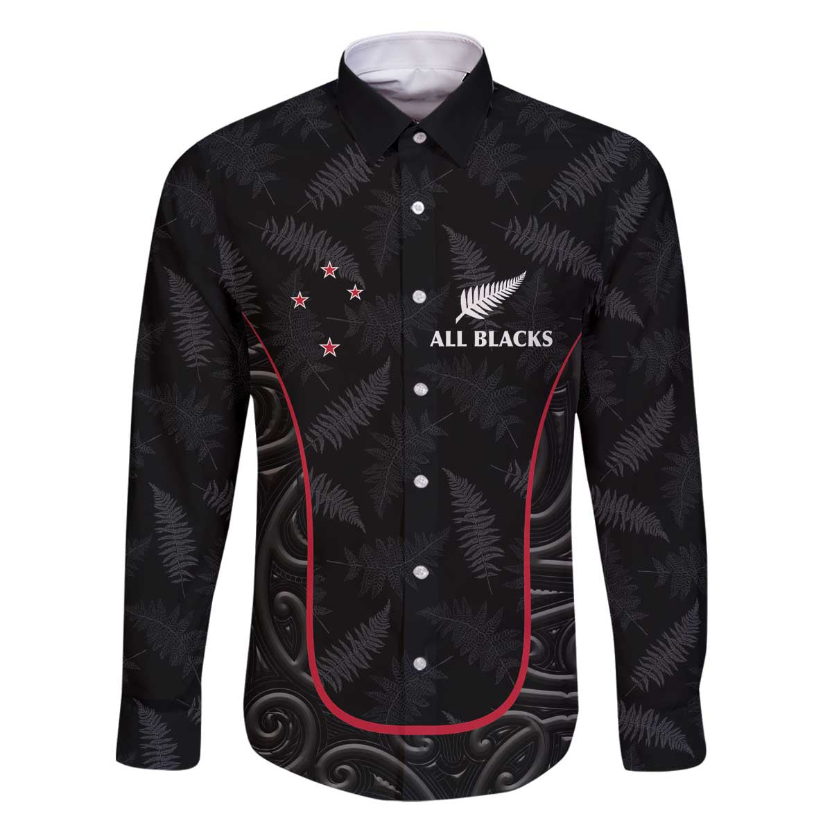 Custom New Zealand Rugby Family Matching Off The Shoulder Long Sleeve Dress and Hawaiian Shirt Maori All Black Championship 2024 and Silver Fern LT03 Dad's Shirt - Long Sleeve Black - Polynesian Pride