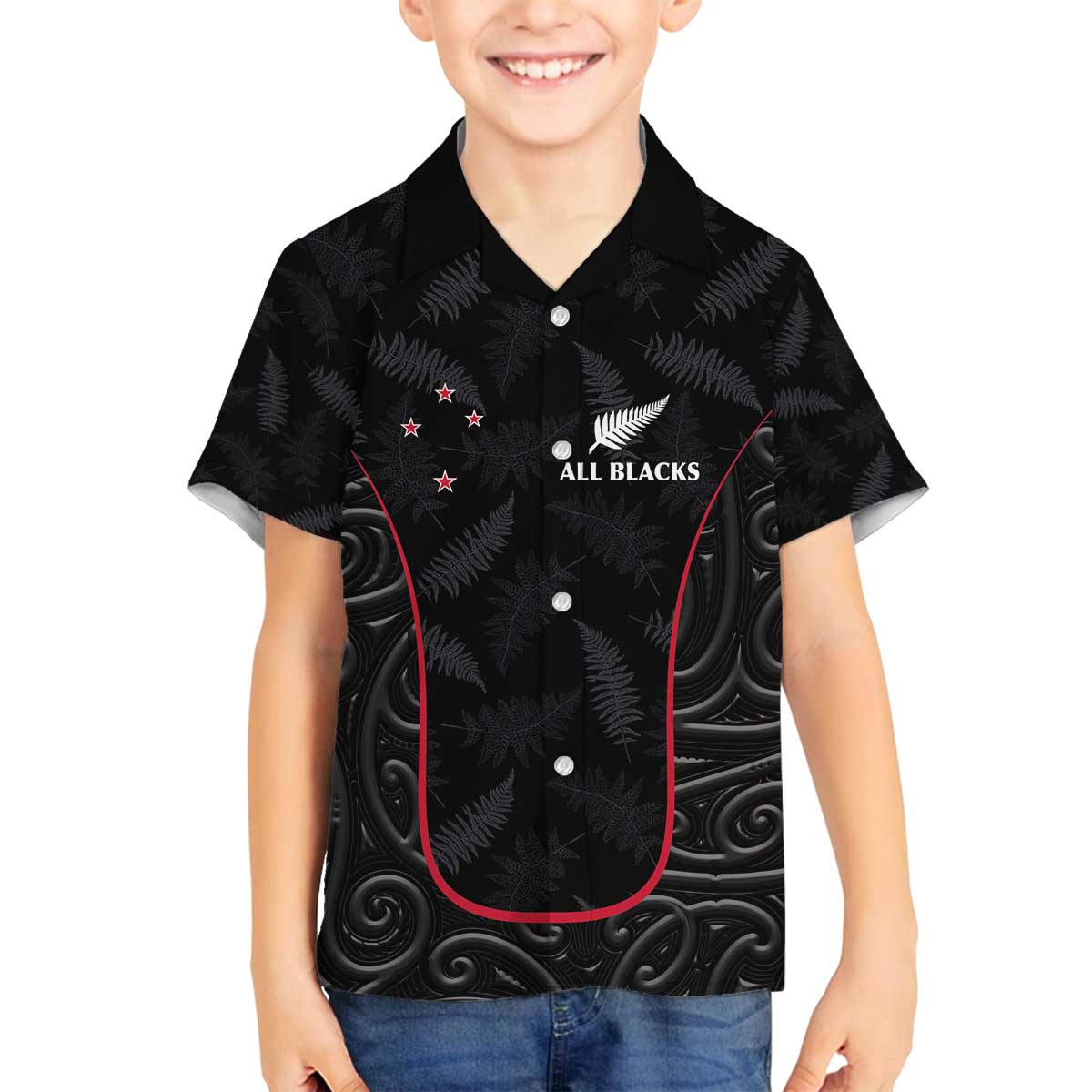 Custom New Zealand Rugby Family Matching Off The Shoulder Long Sleeve Dress and Hawaiian Shirt Maori All Black Championship 2024 and Silver Fern LT03 Son's Shirt Black - Polynesian Pride