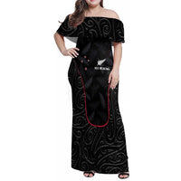 Custom New Zealand Rugby Family Matching Off Shoulder Maxi Dress and Hawaiian Shirt Maori All Black Championship 2024 and Silver Fern LT03 Mom's Dress Black - Polynesian Pride