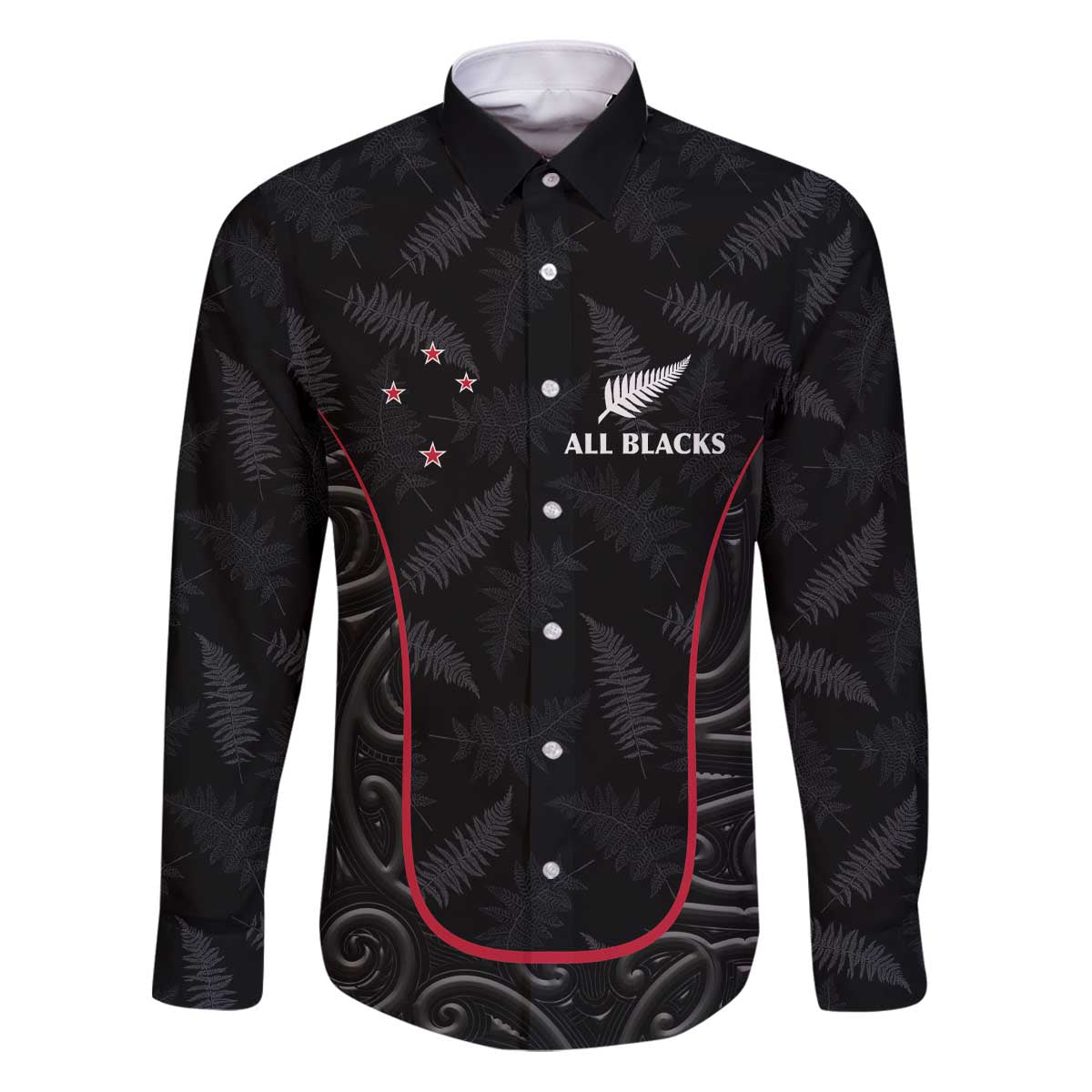 Custom New Zealand Rugby Family Matching Puletasi and Hawaiian Shirt Maori All Black Championship 2024 and Silver Fern LT03 Dad's Shirt - Long Sleeve Black - Polynesian Pride