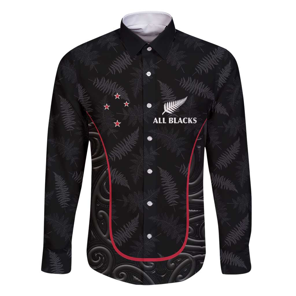 Custom New Zealand Rugby Family Matching Short Sleeve Bodycon Dress and Hawaiian Shirt Maori All Black Championship 2024 and Silver Fern LT03 Dad's Shirt - Long Sleeve Black - Polynesian Pride