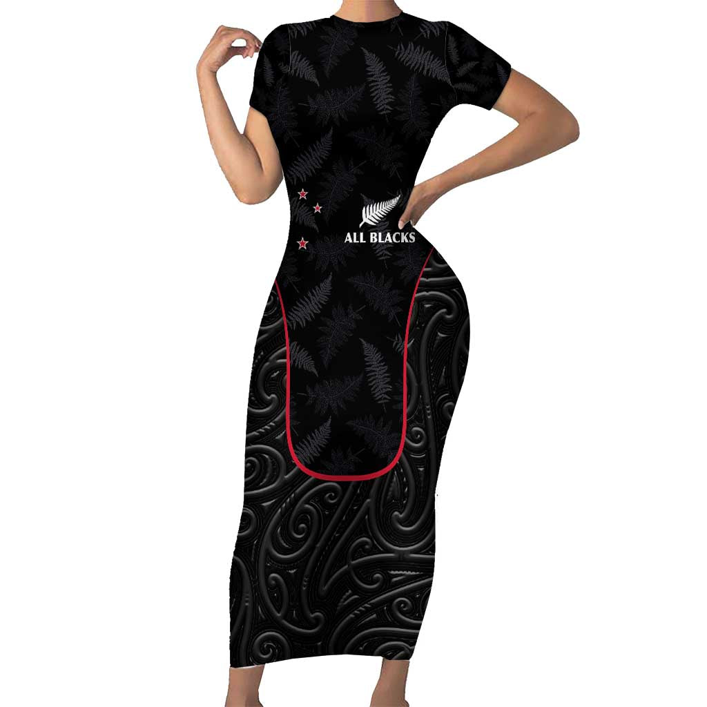 Custom New Zealand Rugby Family Matching Short Sleeve Bodycon Dress and Hawaiian Shirt Maori All Black Championship 2024 and Silver Fern LT03 Mom's Dress Black - Polynesian Pride