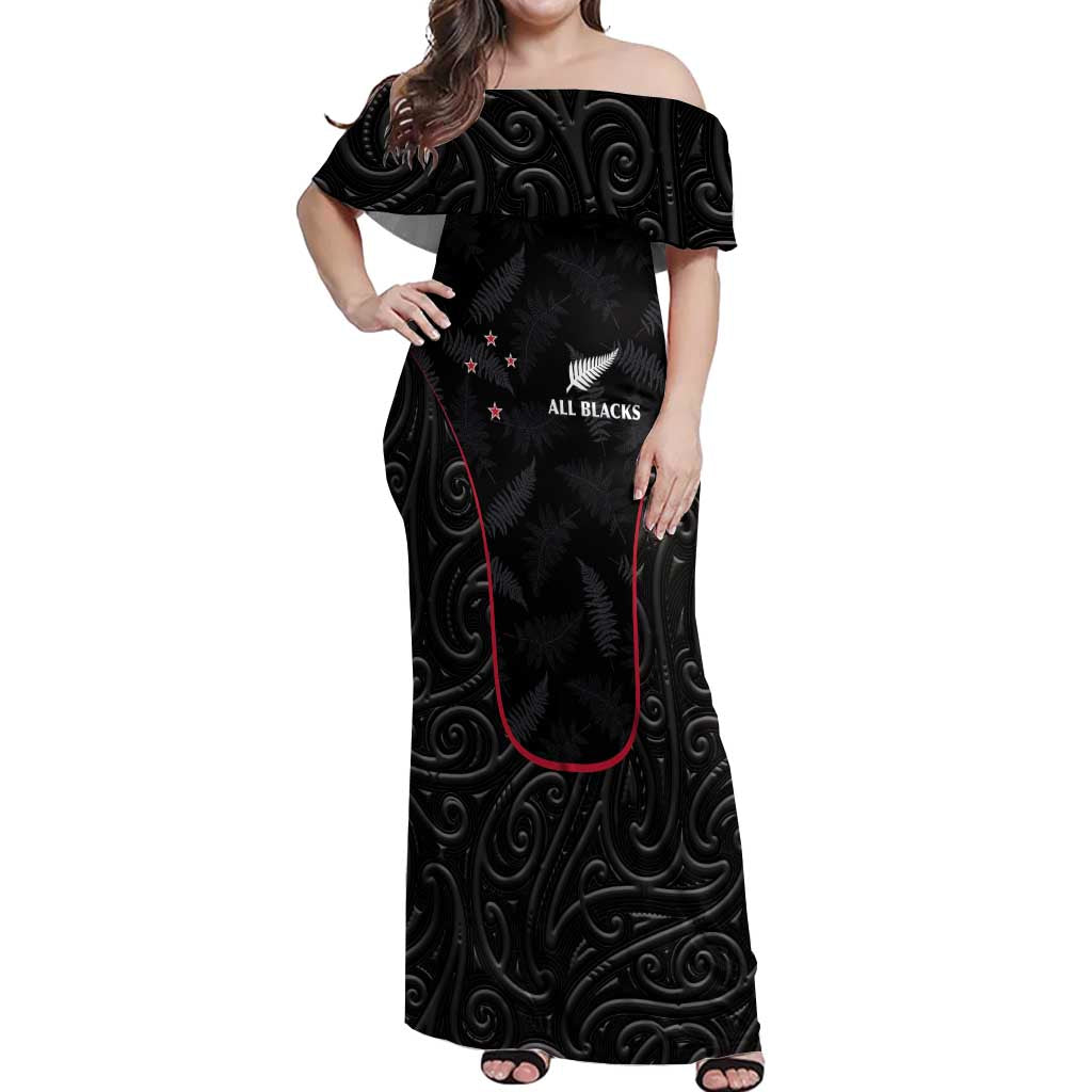 Custom New Zealand Rugby Off Shoulder Maxi Dress Maori All Black Championship 2024 and Silver Fern LT03 Women Black - Polynesian Pride