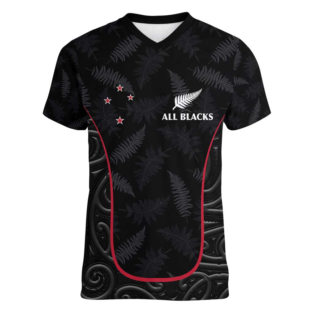 Custom New Zealand Rugby Women V-Neck T-Shirt Maori All Black Championship 2024 and Silver Fern