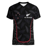 Custom New Zealand Rugby Women V-Neck T-Shirt Maori All Black Championship 2024 and Silver Fern LT03 Female Black - Polynesian Pride