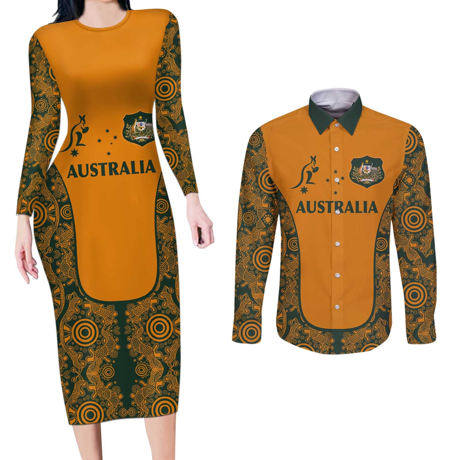 Custom Australia Rugby Championship 2024 Couples Matching Long Sleeve Bodycon Dress and Long Sleeve Button Shirt Aboriginal Art Tattoo Pattern
