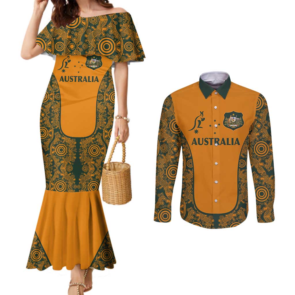 Custom Australia Rugby Championship 2024 Couples Matching Mermaid Dress and Long Sleeve Button Shirt Aboriginal Art Tattoo Pattern