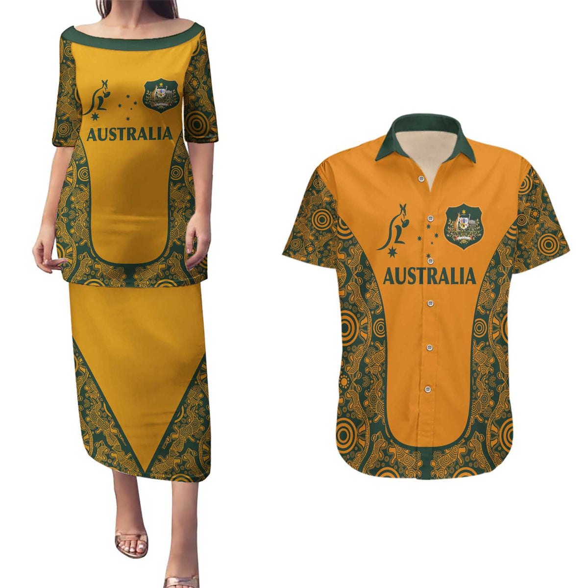 Custom Australia Rugby Championship 2024 Couples Matching Puletasi and Hawaiian Shirt Aboriginal Art Tattoo Pattern