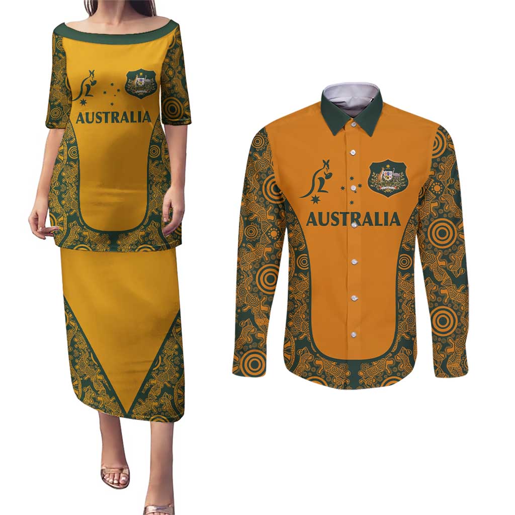 Custom Australia Rugby Championship 2024 Couples Matching Puletasi and Long Sleeve Button Shirt Aboriginal Art Tattoo Pattern