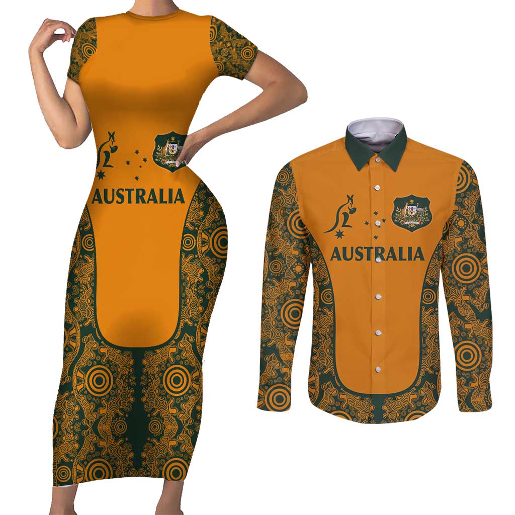 Custom Australia Rugby Championship 2024 Couples Matching Short Sleeve Bodycon Dress and Long Sleeve Button Shirt Aboriginal Art Tattoo Pattern