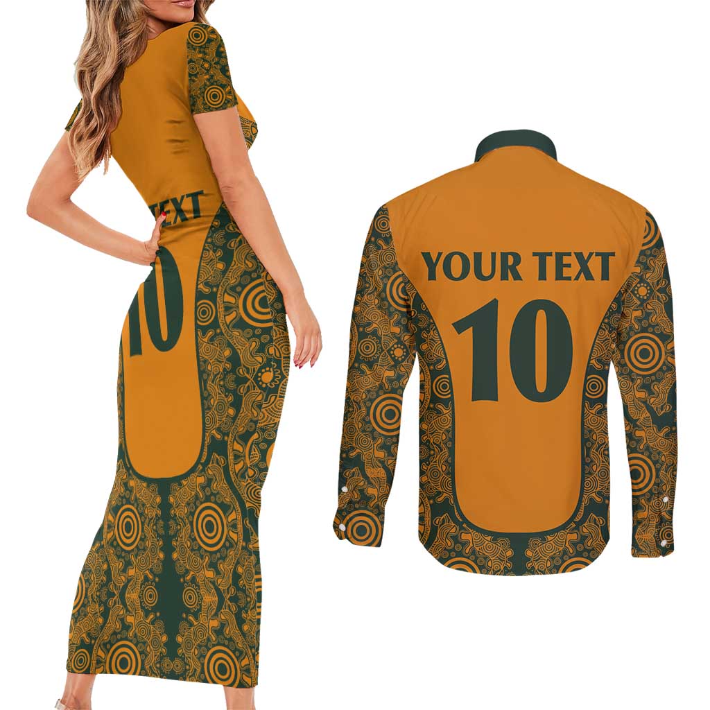 Custom Australia Rugby Championship 2024 Couples Matching Short Sleeve Bodycon Dress and Long Sleeve Button Shirt Aboriginal Art Tattoo Pattern