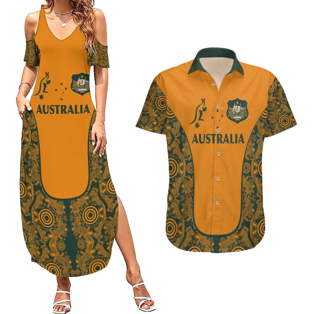 Custom Australia Rugby Championship 2024 Couples Matching Summer Maxi Dress and Hawaiian Shirt Aboriginal Art Tattoo Pattern