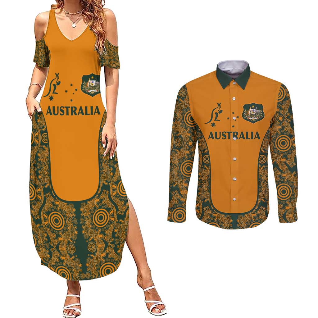 Custom Australia Rugby Championship 2024 Couples Matching Summer Maxi Dress and Long Sleeve Button Shirt Aboriginal Art Tattoo Pattern