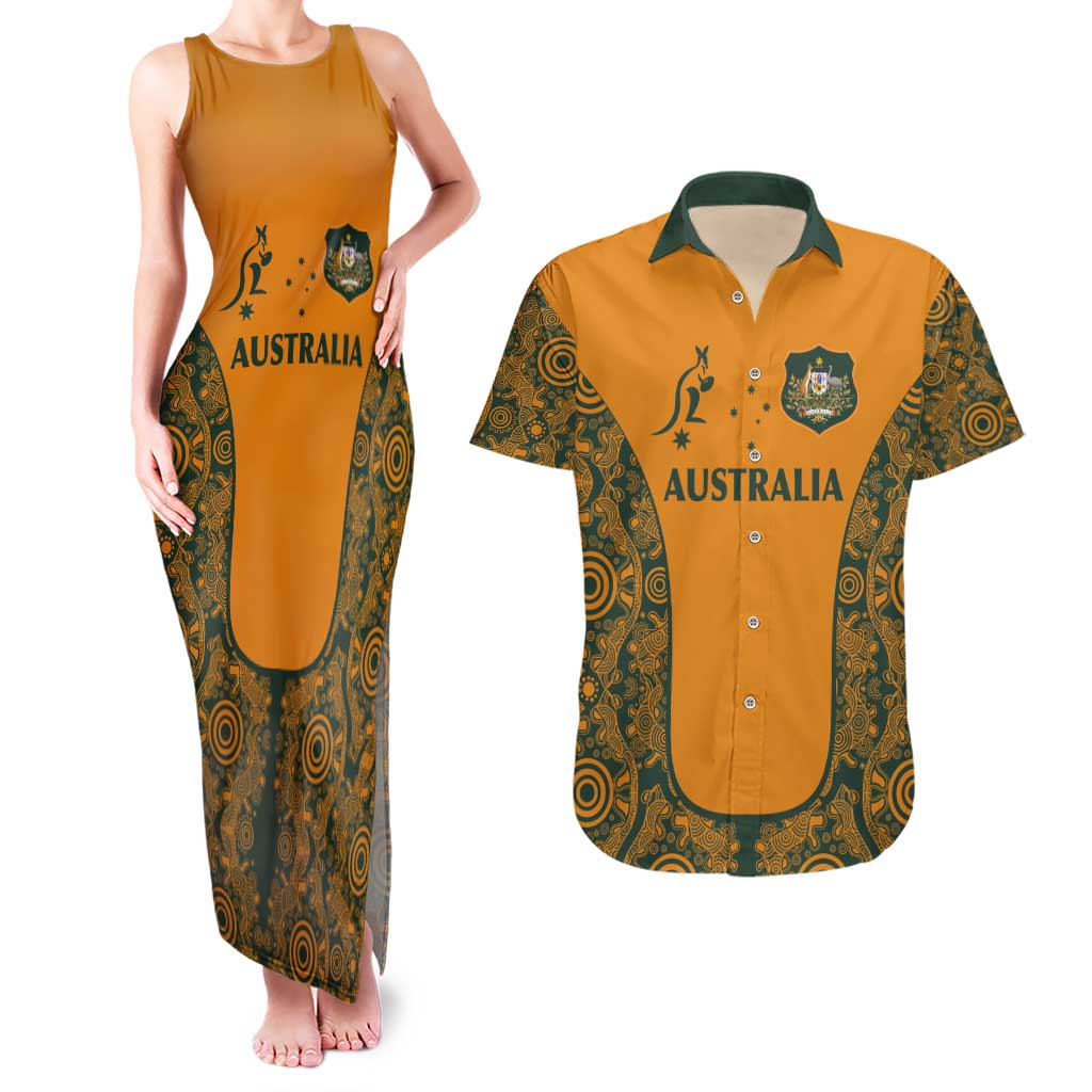 Custom Australia Rugby Championship 2024 Couples Matching Tank Maxi Dress and Hawaiian Shirt Aboriginal Art Tattoo Pattern