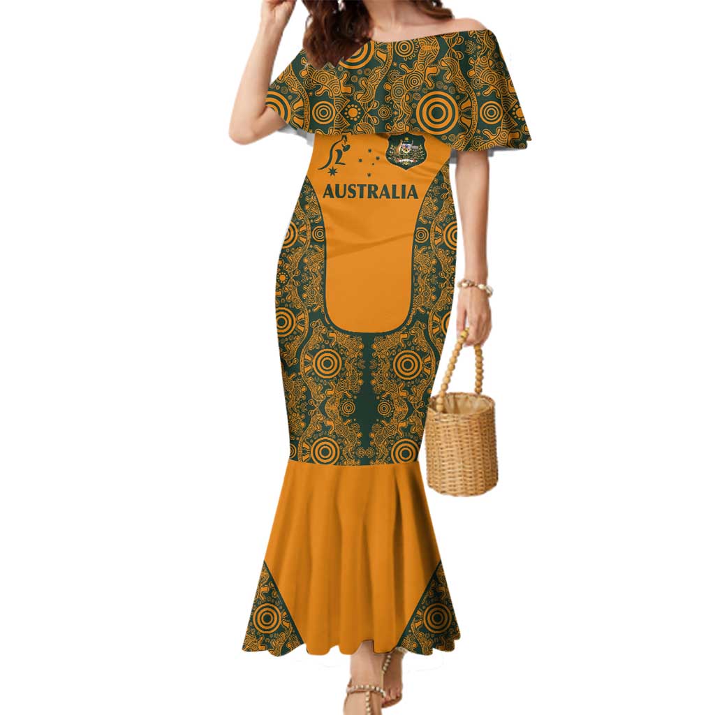 Custom Australia Rugby Championship 2024 Family Matching Mermaid Dress and Hawaiian Shirt Aboriginal Art Tattoo Pattern LT03 Mom's Dress Yellow - Polynesian Pride