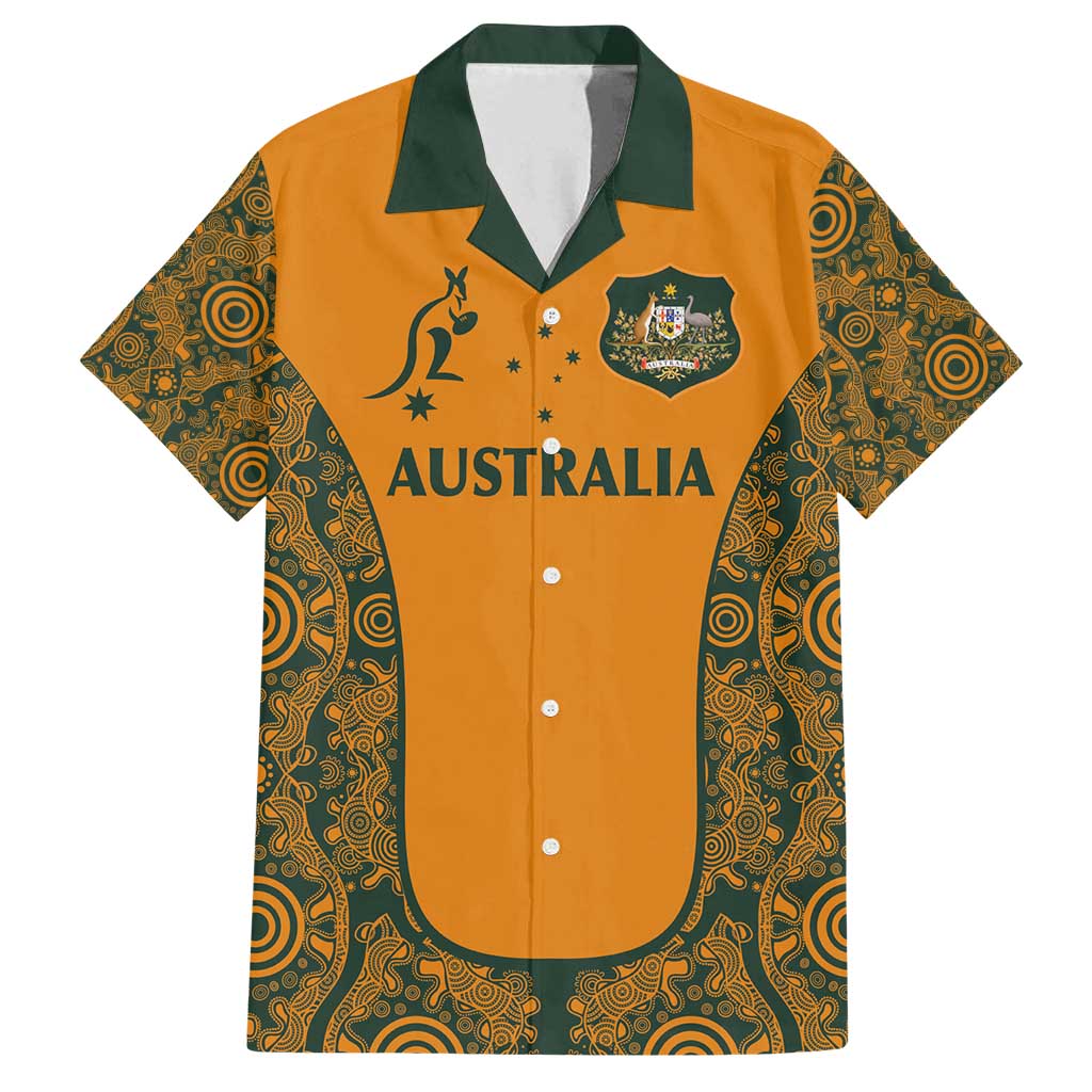 Custom Australia Rugby Championship 2024 Family Matching Summer Maxi Dress and Hawaiian Shirt Aboriginal Art Tattoo Pattern LT03 Dad's Shirt - Short Sleeve Yellow - Polynesian Pride