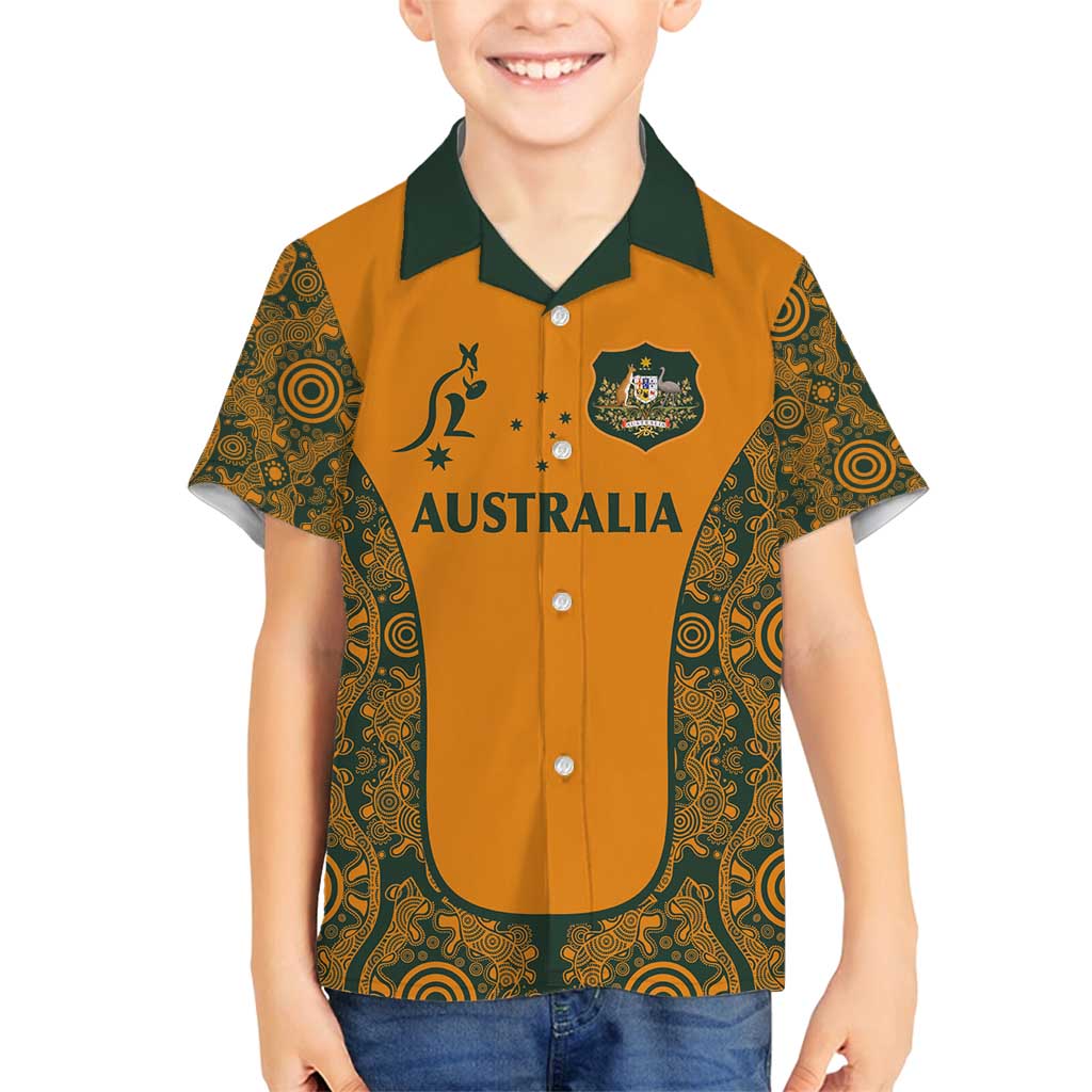 Custom Australia Rugby Championship 2024 Family Matching Summer Maxi Dress and Hawaiian Shirt Aboriginal Art Tattoo Pattern LT03 Son's Shirt Yellow - Polynesian Pride