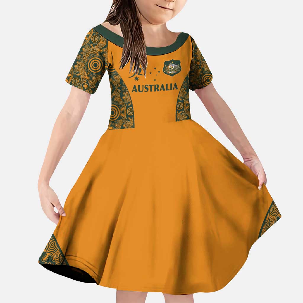 Custom Australia Rugby Championship 2024 Family Matching Tank Maxi Dress and Hawaiian Shirt Aboriginal Art Tattoo Pattern LT03 Daughter's Dress Yellow - Polynesian Pride