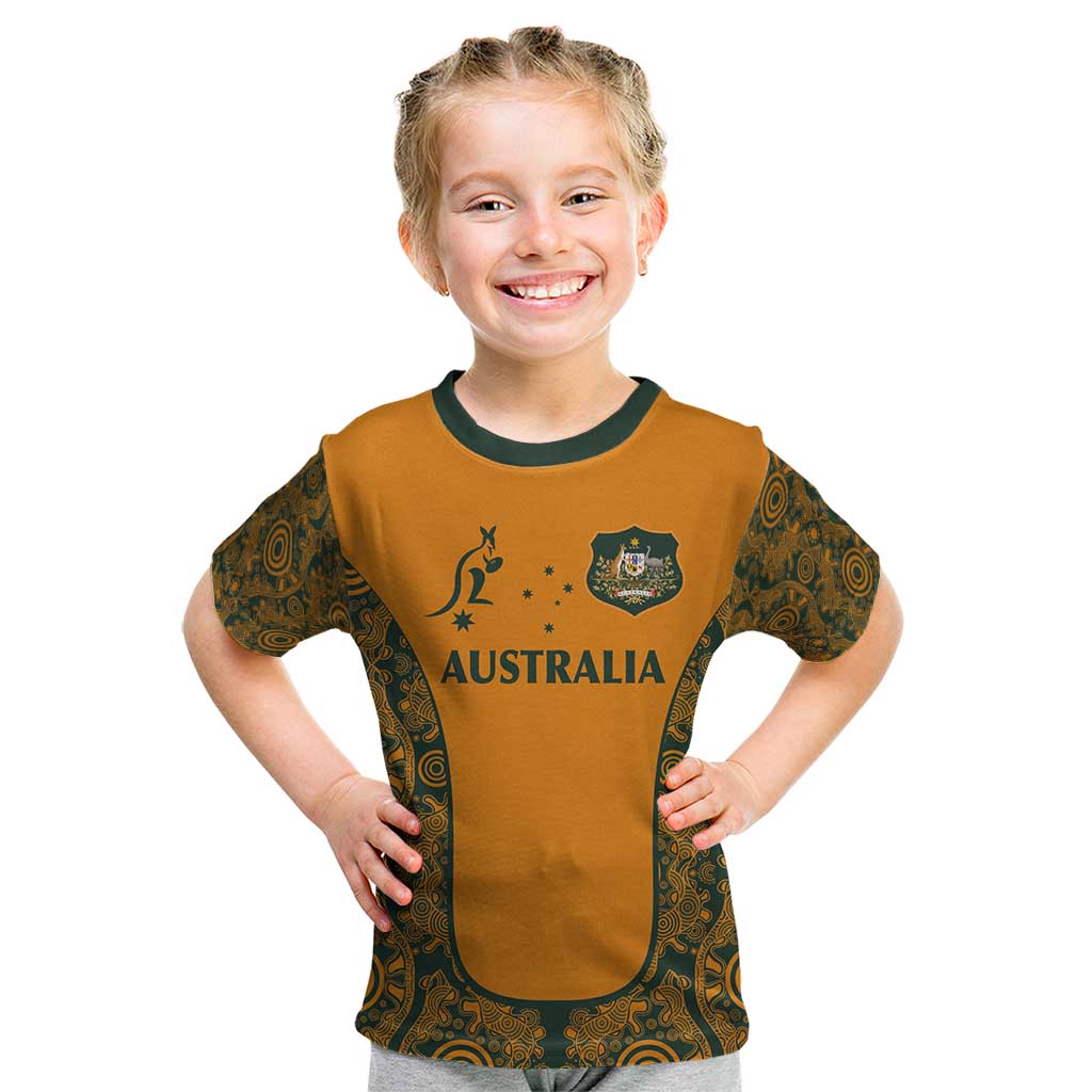 Custom Australia Rugby Championship 2024 Kid T Shirt Aboriginal Art Tattoo Pattern LT03 Yellow - Polynesian Pride