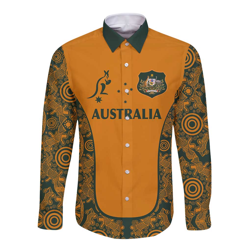 Custom Australia Rugby Championship 2024 Long Sleeve Button Shirt Aboriginal Art Tattoo Pattern LT03 Unisex Yellow - Polynesian Pride