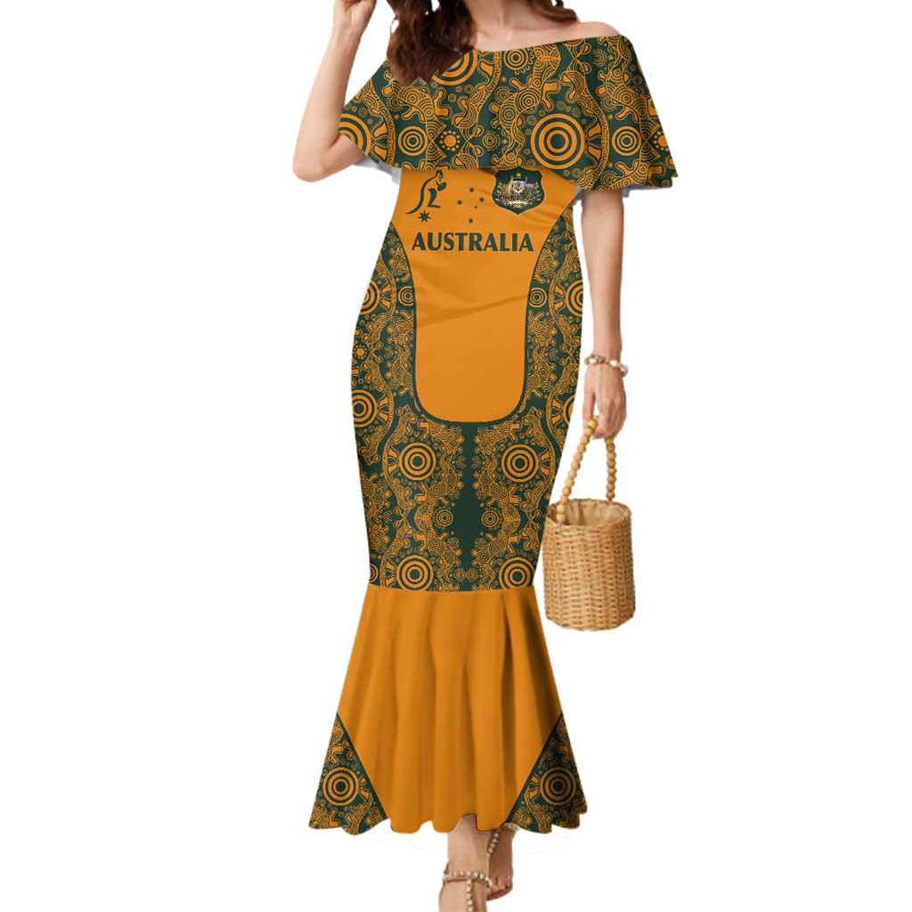 Custom Australia Rugby Championship 2024 Mermaid Dress Aboriginal Art Tattoo Pattern LT03 Women Yellow - Polynesian Pride