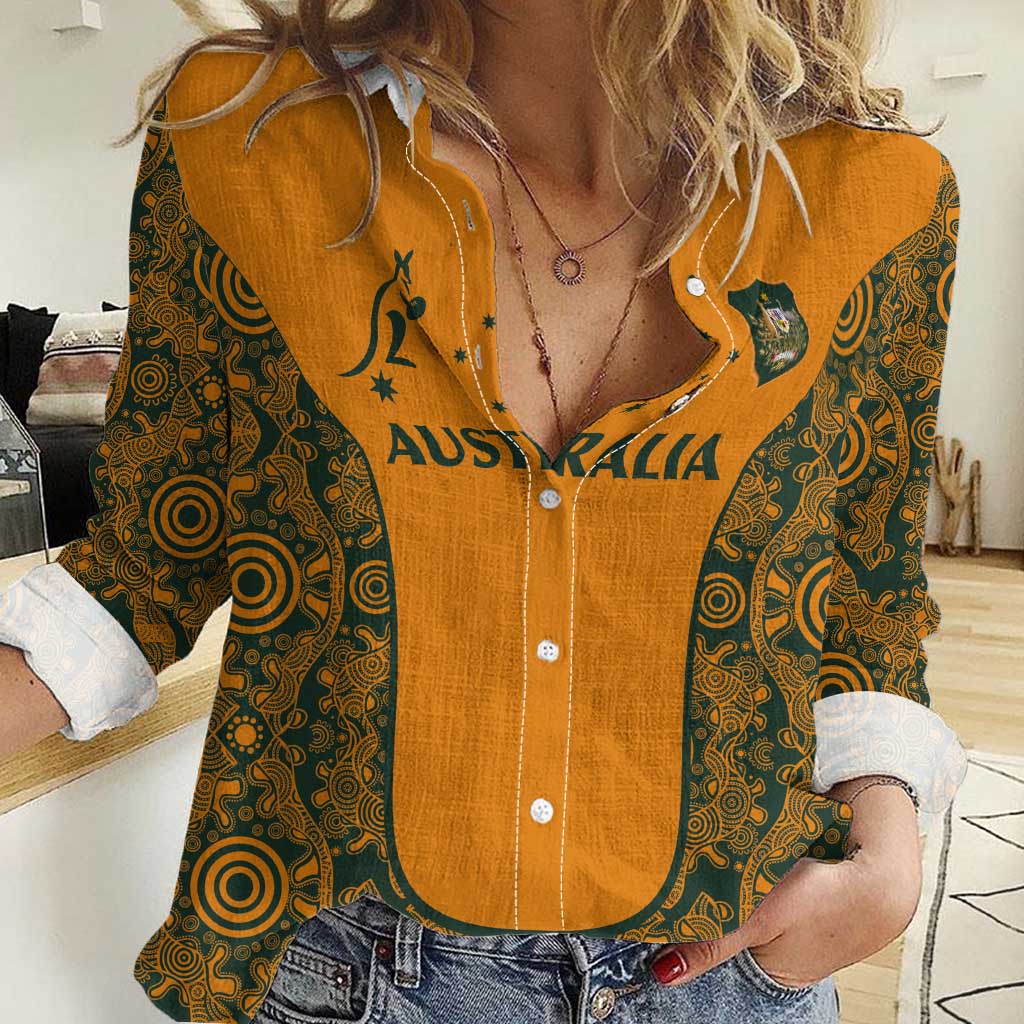 Custom Australia Rugby Championship 2024 Women Casual Shirt Aboriginal Art Tattoo Pattern LT03 Female Yellow - Polynesian Pride