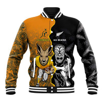 Custom New Zealand and Australia Rugby Championship 2024 Baseball Jacket Maori Warrior and Kangaroo Mascot with Fern Aboriginal LT03 Unisex Black - Polynesian Pride